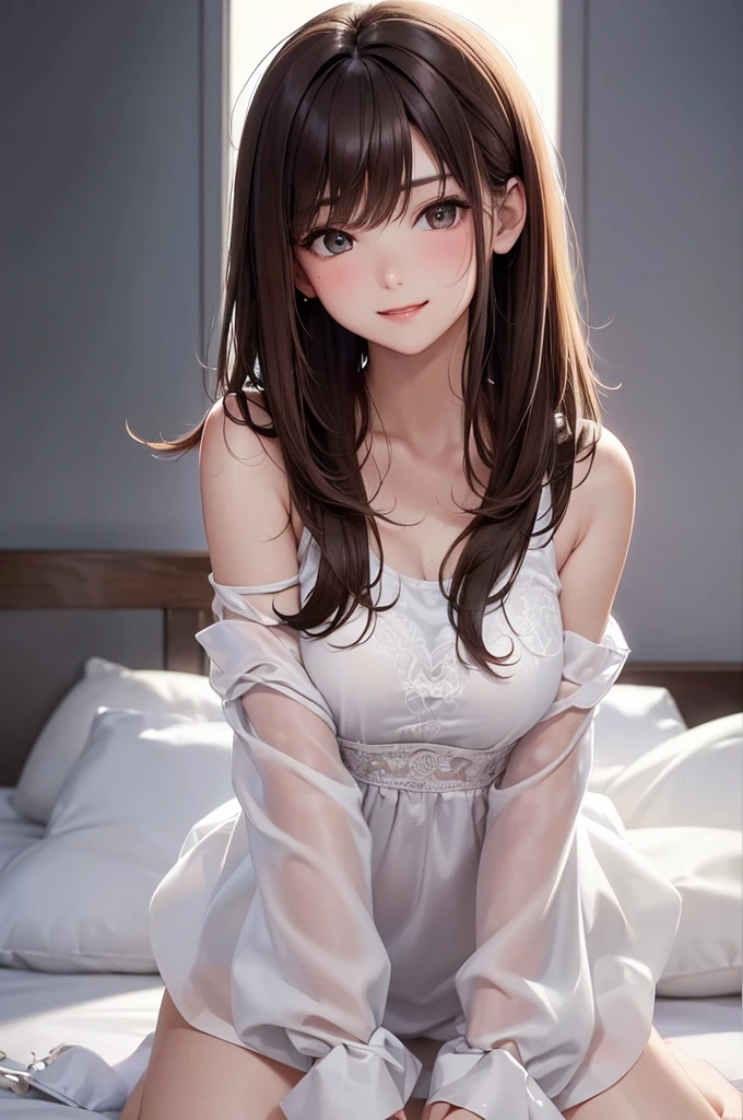 (Best Quality,High resolution,8K,finelity detailed background,Masterpiece:1.2),beautiful girl,Shiny brown hair,messy hair,Brown eyes,Gentle look,A refreshing look,Best quality,Best Quality,Aesthetic and aesthetic:1.2,Best details((Super detailed))(High-definition CG illustrations),cute下着 (white,intricate lace),Slender body,Late Night,Moonlit Night,Bedroom,On the bed,smile,blush,cute,Scrounge,Looking up,Being spoiled,super model,on back,shoot from above