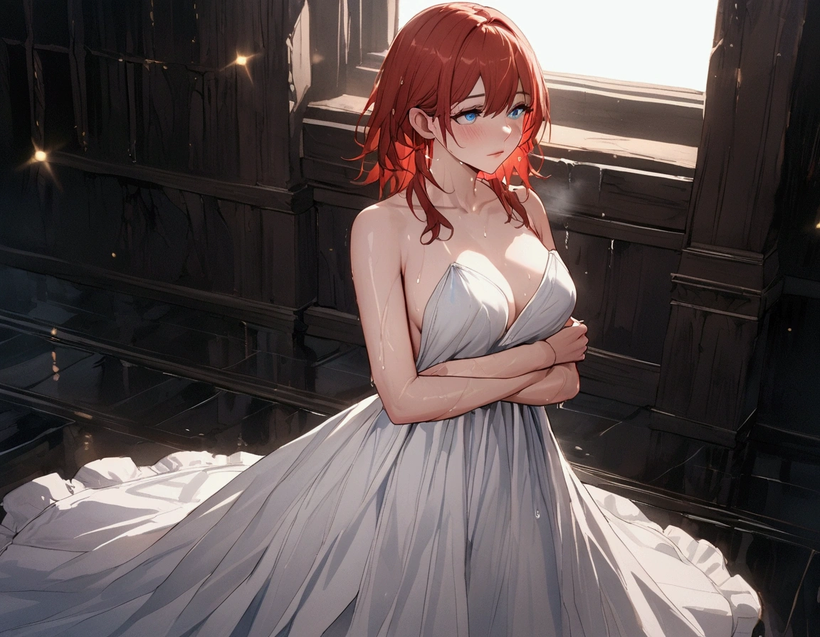 Anime guy pretty red orange hair icy blue eyes plae skin wearing a night gown his hands chained