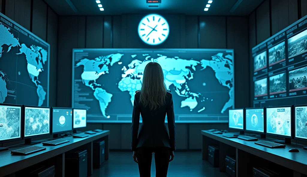 A promotional poster for a YouTube game titled 'Who Is the Spy '. The central figure is a woman in a suit, sunglasses, and holding a gun, appearing to be in a high-tech, dimly lit room with a large screen displaying various characters, all of whom seem to be spies. The screen has a digital interface with blue lights and displays images of other spies in different poses and outfits. The overall theme suggests an action-packed, mystery-solving game.