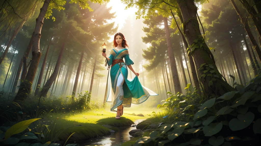 just a beautiful warrior girl walking in a forest, holding a lamp in her hand, wearing very beautiful sensual clothes, sun rays passing through the leaves