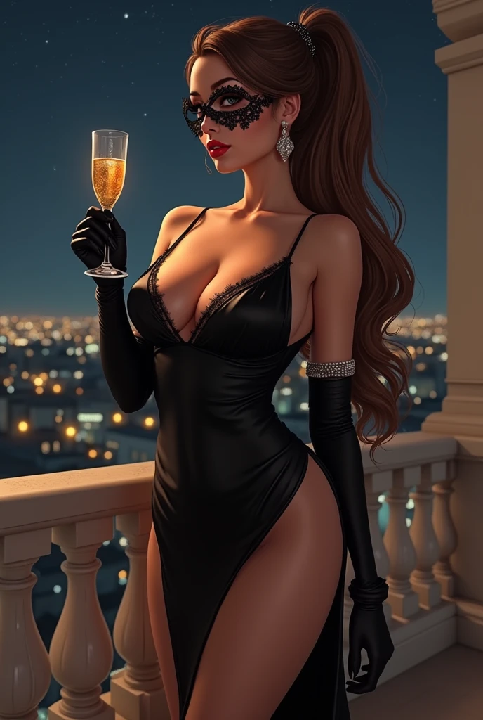 ((A sexy and beautiful woman holding a wine glass and looking at me on the terrace)), ((The cutest 22-year-old beauty)), Charming smile, ((Fireworks in the background) ), ((Very long hair) ), ((One piece with a lot of exposed parts)), ((Rich bust)), Gradient eyes, Seductive makeup, Single view, NFFSW, UHD, Retina, Masterpiece, Accurate, Anatomy Scientifically correct, textured skin, super detail, high detail, high quality, award winning, highest quality, high resolution, 1080P, HD, 4K, 8k, 16k