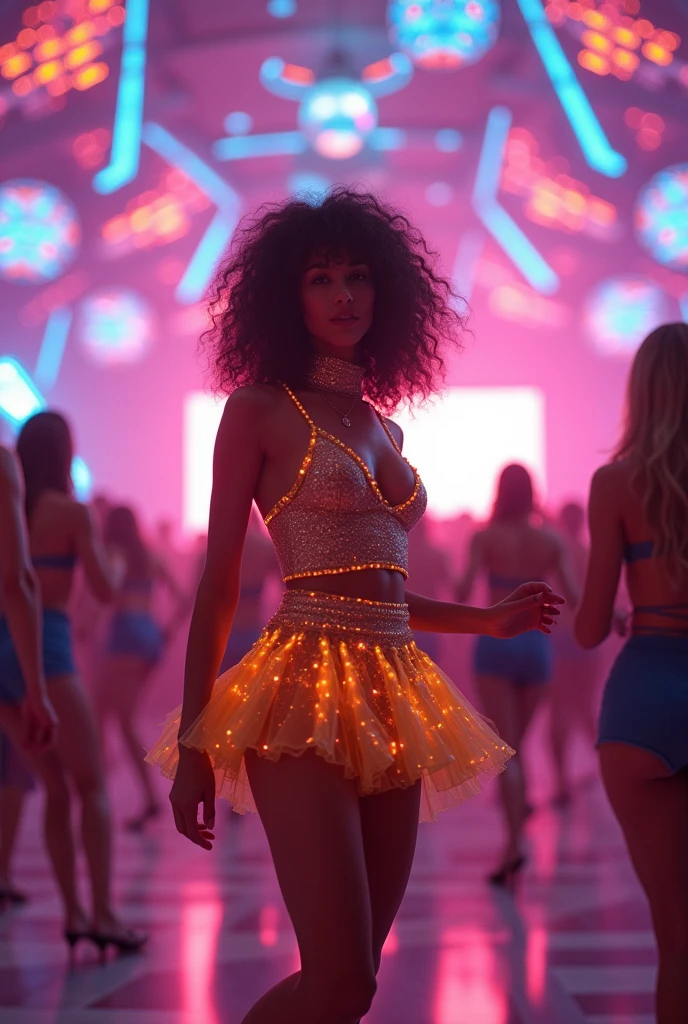 Side angle shot of black woman standing model pose in a night club with blue glittering particles shining in the tunnel , black and white picture with only the blue particles in the night club in colour, people dancing and having fun in the night club, ultra HD, cinematic lighting, 32k