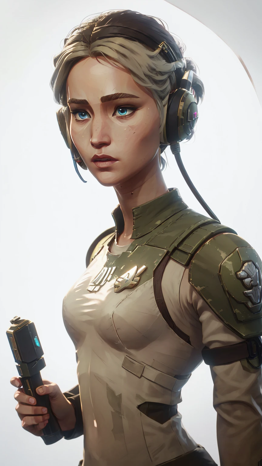 actress Jennifer Lawrence from hunger games, textured blond open hair, ((looking at camera)), intricate face detail, 4k face, detailed skin, skin shading, uniform wearing si-fi soldier, perfect eyes, heavy breastplate, flat chest, small breasts, futuristic, soldier shoulder pads, warhammer, military insignia, military service ribbon, (military style tactical ((communications headset))), warhammer 40k imperial guardsman, cadiachan, highly detailed, frontal image, (((bright lighting), ((bright colors)), daylight, (((plain white background))))), standing, ((holding a datapad)), (upper body portrait)