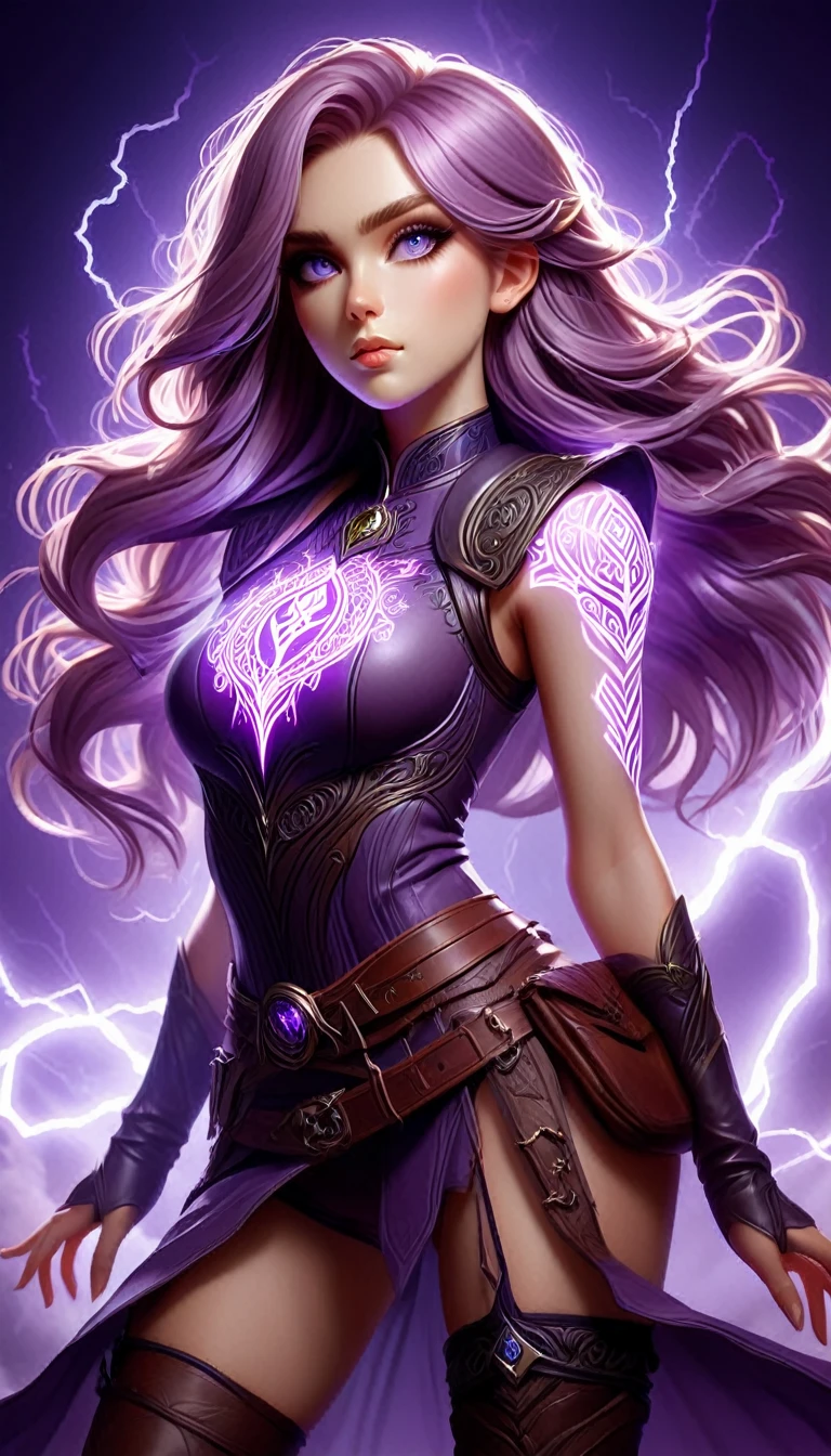 Imogen Temult from "critical role", BREAK: mid 20s woman, lilac coloured hair, long flowing wavy hair style, angular facial features, pale skin, (purple Lichtenberg figures on arms:1.37), (purple Lichtenberg figures on chest:1.17), BREAK: wearing skin tight ultra-low-rise booty shorts, brown calf-high leather boots, ((wearing diaphanous, sleeveless, white top)) , BREAK: summoning lightning beast, spell casting poses, floating, flying, standing, contrapposto stance, BREAK (wide angle:1.27), (full length portrait:1.37), digital painting, dramatic lighting, intricate details, intricately detailed hands, best hands, refined face features, anatomically correct, BREAK: 8k, UHD, award winning digital art, promotional art, BREAK: Glowing Runes, lightning, electric, effect, glow