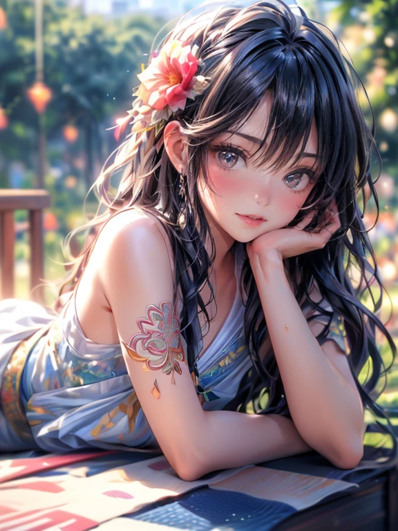 yamashiro768, black hair, hair ornament, modern decor,cozy atmosphere,relaxing vibes,urban backdrop,dreamy ambiance, huge breast, hair ornament, magical aura, enchanting beauty, mystical setting, enchanting artwork, intricate details.sweating, 1girl, branch, solo, flower, holding, collarbone, pink_flower, tree_branch, japanese_clothes, looking_at_viewer, steaming body,