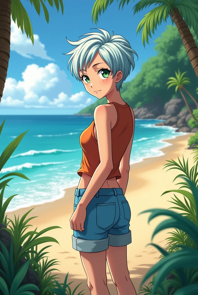 riley fairfeather, 18, selfie, beach, topless, standing in water, white panties, freckles, small breasts, dark skin, dark-skinned female, purple eyes, short hair, green hair, multicolored hair, very short hair, black hair, undercut, gradient hair, two-tone hair, ear piercing, nose piercing, small breasts, exposed intimate parts, flustered, her first nudes, added cute pink filter, kawaii, super cute, nervous smile, adorable, masterpiece, best quality, 4k ultra hd,