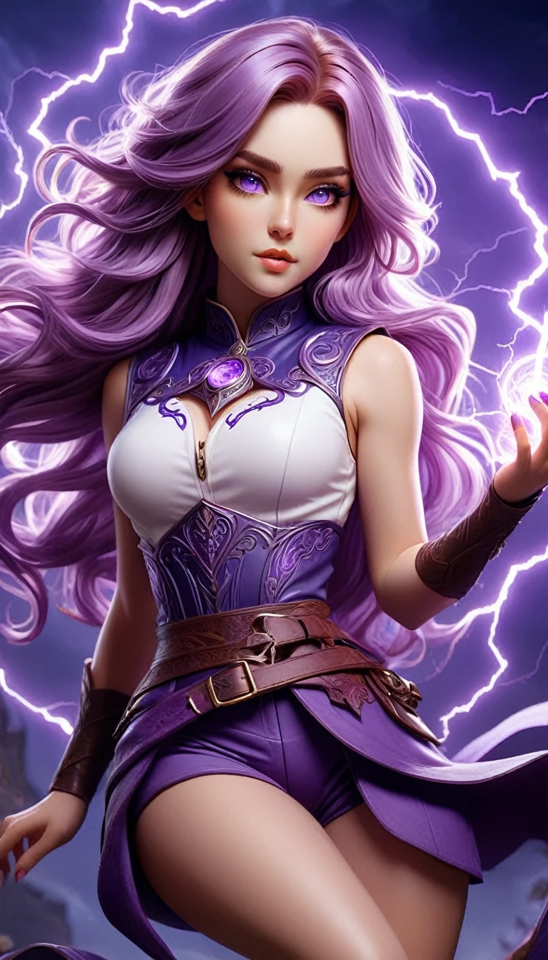 Imogen Temult from "critical role", BREAK: mid 20s woman, lilac coloured hair, long flowing wavy hair style, angular facial features, pale skin, (purple Lichtenberg figures on arms:1.37), (purple Lichtenberg figures on chest:1.17), BREAK: wearing skin tight ultra-low-rise booty shorts, brown calf-high leather boots, ((wearing diaphanous, sleeveless, white top)) , BREAK: summoning lightning beast, spell casting poses, floating, flying, standing, contrapposto stance, BREAK (wide angle:1.27), (full length portrait:1.37), digital painting, dramatic lighting, intricate details, intricately detailed hands, best hands, refined face features, anatomically correct, BREAK: 8k, UHD, award winning digital art, promotional art, BREAK: Glowing Runes, lightning, electric, effect, glow