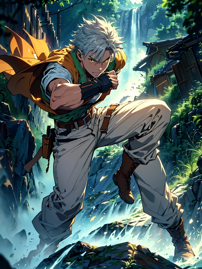 2 anime style wizard man, emanating ice energy, White and spiky hair, yellow eyes, Wearing a white button down shirt, wearing green pants, Wearing a brown belt, Wearing brown boots, wearing half finger tactical gloves, vestindo shoulder holster marrom com uma faca, fighting stance, Action scene, Create a forest background; ((improve the face)); ((high quality)); ((Improve hands)); ((full body)); ((Action scene)); ((fighting pose)); ((epic scene)); ((Improve face)); ((improve hands)); ((full body)); ((gray hair)); ((Kento Nanami style)); ((cena poster)); ((wearing tactical gloves)); ((full HD)); Action scene, Combat, cena poster, fighting stance, ice energy being emanated, ((improve arms)),