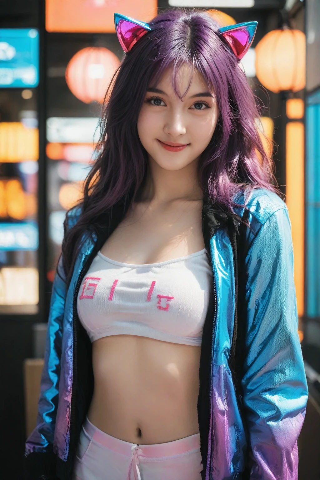 beautiful 1girl, Full body front view, standing posture. Tall and slim body with elegant posture. (((long hair, wavy hair, Vibrant colored hair:1.5))), (neon purple hair|neon pink hair|neon blue hair|neon blue hair:1.3), shiny hair:1.3, thick flow, ((cute cat ears:1.4, nekomimi)), Intricates ojos, beautiful detailed eyes, symmetrical eyes, (detailed face), beautiful, (((futuristic cosplay costume:1.8, Cyberpunk Fashion, high tech armor pieces, bright neon accents))), ((holographic details, LED lights integrated into clothing)), ((the whole body with technological details:1.3, (Futuristic color splashes), with beautiful colors, vivid, full color, Eye-catching cyberpunk aesthetic)), (dynamic pose:1.3), Focus only, (centered, Scale to fit dimensions, rule of thirds), (Shiny and technological ornaments), High resolution, sharp focus, (ultra detailed, extremely detailed), (photorealistic artwork:1.37), (extremely detailed CG unity 8k wallpaper), (((vibrant colors, vibrant theme, Bright and cheerful colors))), (Intricate), (masterpiece), (Best Quality), artistic photography, big, expressive anime style eyes with a cheerful, bright smile. Soft lighting with vibrant neon colors. Cyberpunk inspired background with Japanese festival elements. Anime art style with realistic details and futuristic touches. high quality, Detailed illustration that emphasizes the blend of traditional Japanese and cyberpunk aesthetics. (((Happy atmosphere, happy expression))), (((Festive attitude, Celebration vibes))), ((Futuristic Japanese festival setting)).