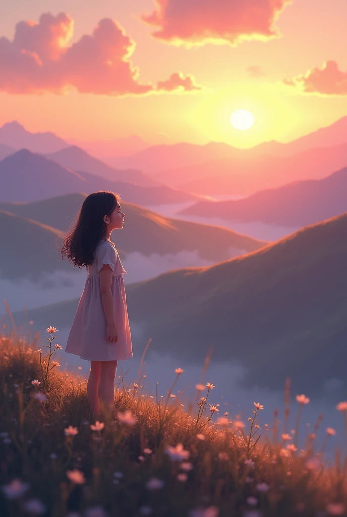 wideshot of a girl crying, there is a field of flowers with a mountain in the background, beautiful digital painting, floral environment, 4k highly detailed digital art, gorgeous digital painting, dreamy landscape, 8 k resolution digital painting, 8k resolution digital painting, beautiful digital artwork, floral sunset, 4k hd matte digital painting, 8k digital painting, dreamlike digital painting, 4k digital painting