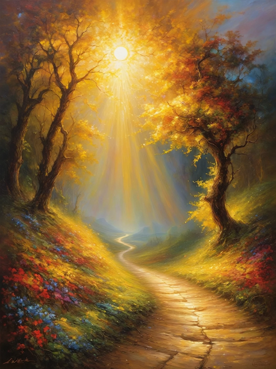 (masterpiece, top quality, best quality, official art, beautiful and aesthetic:1.2), extremely detailed,(Fractal Art:1.1),(colorful:1.1),highest detailed,(tangled:1.2), (dynamic pose), (abstract background:1.5), (many colors:1.4) Theme and atmosphere: The painting must capture the intimate and profound dialogue between a human being and God., addressing pain, the suffering, and the spiritual awakening that occurs through accepting the wound as a portal to divine light. The scene must be mystical, transcendental and symbolically charged, evoking a sense of introspection and surrender to divine power. The contrast between pain and light, or human that divine, must be the central axis of the composition, with the setting involving a lonely road leading to enlightenment.

Scenario: the road da Alma A estrada, mentioned in poem, must be the central element of the painting, a lonely path that stretches across the horizon, symbolizing the spiritual journey. The road is long e misteriosa, fading into a soft, golden light that suggests the divine realm. On one side of the road, there is a vast darkness, representing pain and sadness. on the other side, An intense light, but soft, which symbolizes hope, the fire of passion and the presence of God.

The horizon:

No horizonte distante, where the road disappears, there is a light and ethereal presence of golden light, symbolizing the divine abode. The light is not bright or harsh, but emanates softly, as a promise of welcome for those who persist on their journey. Small sparks of light float in the air along the path, like divine particles that guide and inspire the traveler.
the road:

The road itself is depicted as a simple dirt path, symbolizing the humility and simplicity of the spiritual path. It is slightly illuminated by the light of the horizon, but its edges are immersed in darkness. The road is long, suggesting that the soul&#39;s journey is ongoing and full of challenges, but also full of opportunities for awakening.
