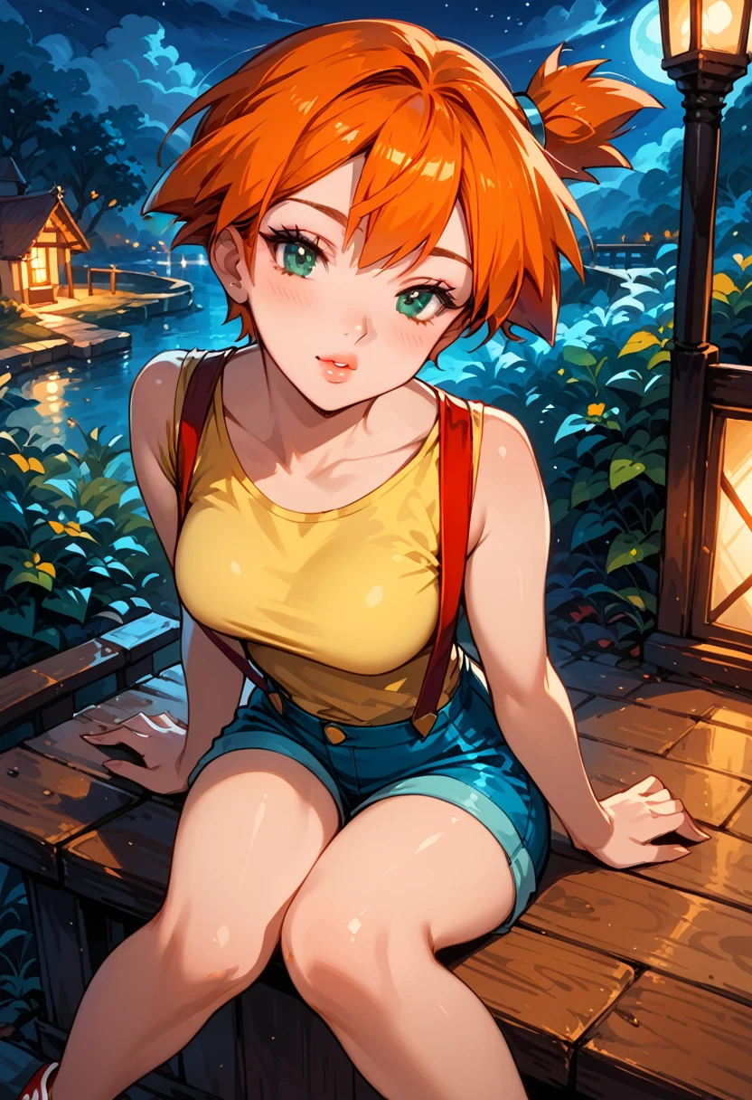 Dark Fantasy Art of score_9, score_8_up, score_7_up, rating_questionable, fantasy, lighting, epiCPhoto 1girl, mature woman, very sexy (Misty_Pokemon), (short hair, orange hair, one side up hair, green eyes, medium breasts, skinny), (yellow t-shirt, tight sleeveless t-shirt, red suspenders:1.3), blue shorts, red sneakers, solo, cute, flirt, gaze, sexy look, half-closed eyes, head tilt, filled lips, thick lips, makeup, face portrait, modelling shoot, sexy pose, sitting, knees bent, fantasy rooftop setting, dark, moody, dark fantasy style, (night, moonless night:1.2), high angle.