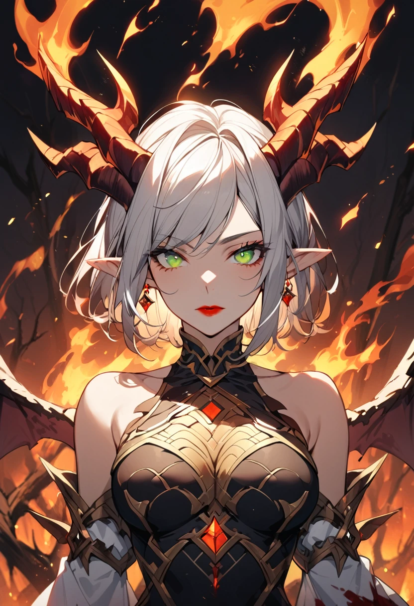 (masterpiece, best quality, absurdres), high quality, highres, ultra detailed, intricate, depth of field, cinematic lighting, soft lighting, yellow light, night, close-up, looking at viewer, beautiful woman, 1girl, dragon girl, medium breasts, red eyes, ponytail , detailed pink eyes, ((predator pupils, glowing eyes)),(black horns), wings, ((evil smile, fangs, smirk)), fantasy, realistic fire in background, surrounded by fire, embers, molten rock, elf ears