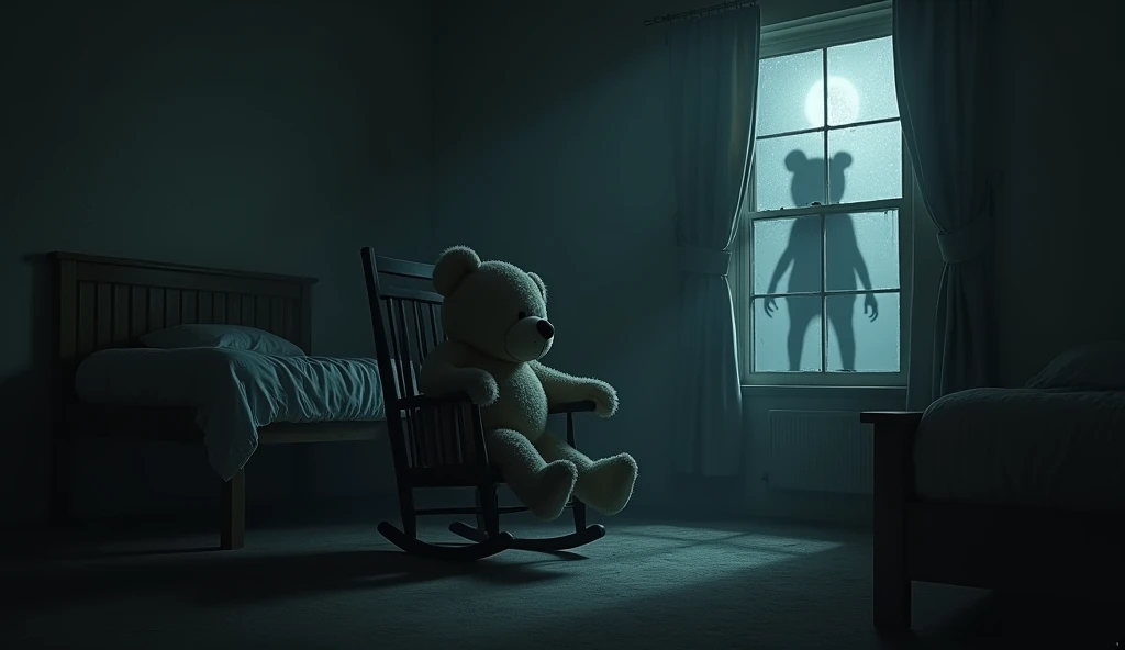 ((best quality: 0.8)), ((masterpiece)), (detailed),
1girl, child, long brown hair, light blue eyes, blood-stained white dress, blood-stained face, holding a white teddy bear, dirty white socks, dark forest, slenderman behind, death, crescent moon