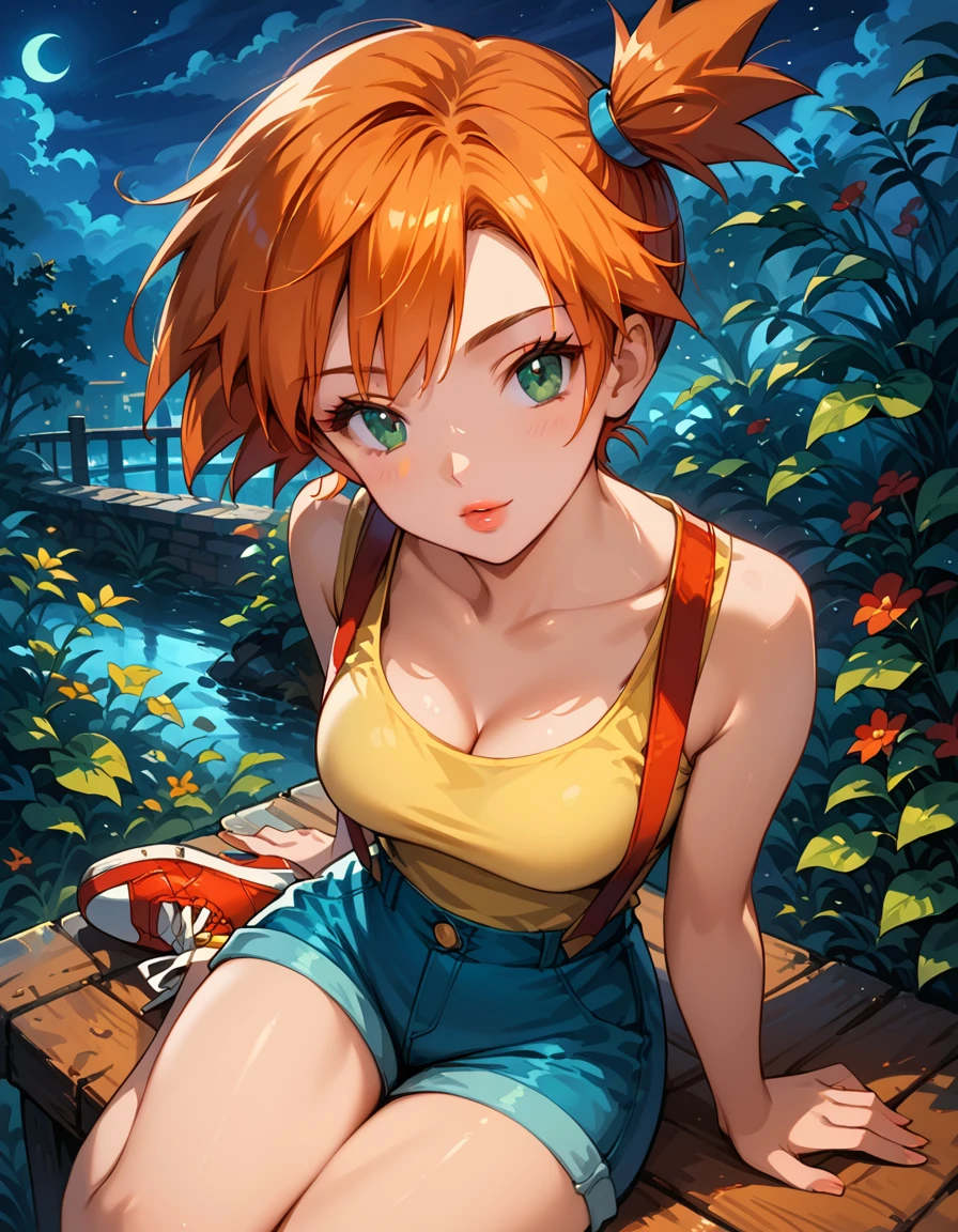 Dark Fantasy Art of score_9, score_8_up, score_7_up, rating_questionable, fantasy, lighting, epiCPhoto 1girl, mature woman, very sexy (Misty_Pokemon), (short hair, orange hair, one side up hair, green eyes, medium breasts, skinny),cleavage, (yellow t-shirt, tight sleeveless t-shirt, red suspenders:1.3), blue shorts, red sneakers, solo, cute, flirt, gaze, sexy look, half-closed eyes, head tilt, filled lips, thick lips, makeup, face portrait, modelling shoot, sexy pose, sitting, knees bent, fantasy rooftop setting, dark, moody, dark fantasy style, (night, moonless night:1.2), high angle.