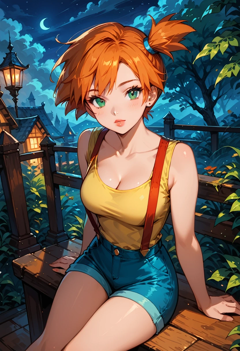 Dark Fantasy Art of score_9, score_8_up, score_7_up, rating_questionable, fantasy, lighting, epiCPhoto 1girl, mature woman, very sexy (Misty_Pokemon), (short hair, orange hair, one side up hair, green eyes, medium breasts, skinny),cleavage, (yellow t-shirt, tight sleeveless t-shirt, red suspenders:1.3), blue shorts, red sneakers, solo, cute, flirt, gaze, sexy look, half-closed eyes, head tilt, filled lips, thick lips, makeup, face portrait, modelling shoot, sexy pose, sitting, knees bent, fantasy rooftop setting, dark, moody, dark fantasy style, (night, moonless night:1.2), high angle.