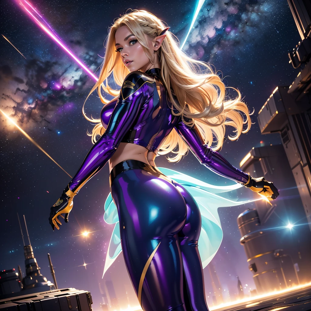 Best quality, 8K, vivid color, woman retro super hero futurism, full body, standing, facing away from the observer, golden hair, long eyelashes, light purple shiny leotard, cleavage, metalic details, light green pantyhose, neutral sci-fi scenario