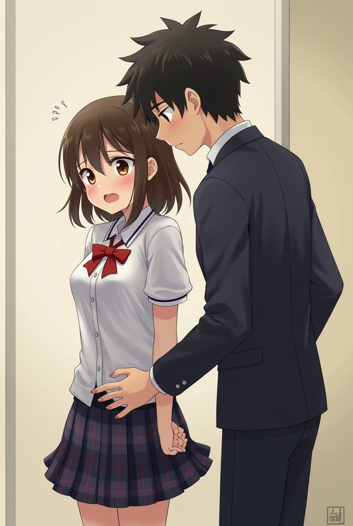 1man and 1woman having sex,mature woman,standing doggystyle,rolling-up eyes,flying heart-shapes,shaking effect,black hair,open mouth,saliva,shouting bubbles,(mature curvy body),leaning on wall,outdoor,opened blouse,skirt,aroused