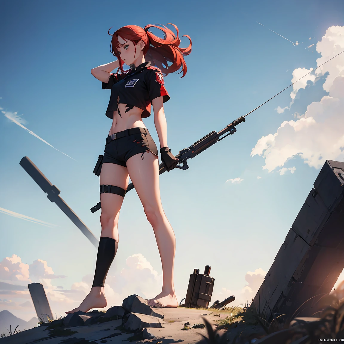 Yoko Littner red hair with long ponytail black bra with red flames black shorts with white belt on high heels open toe with big platform sexy stripper white with red flames with a long rifle in the desert