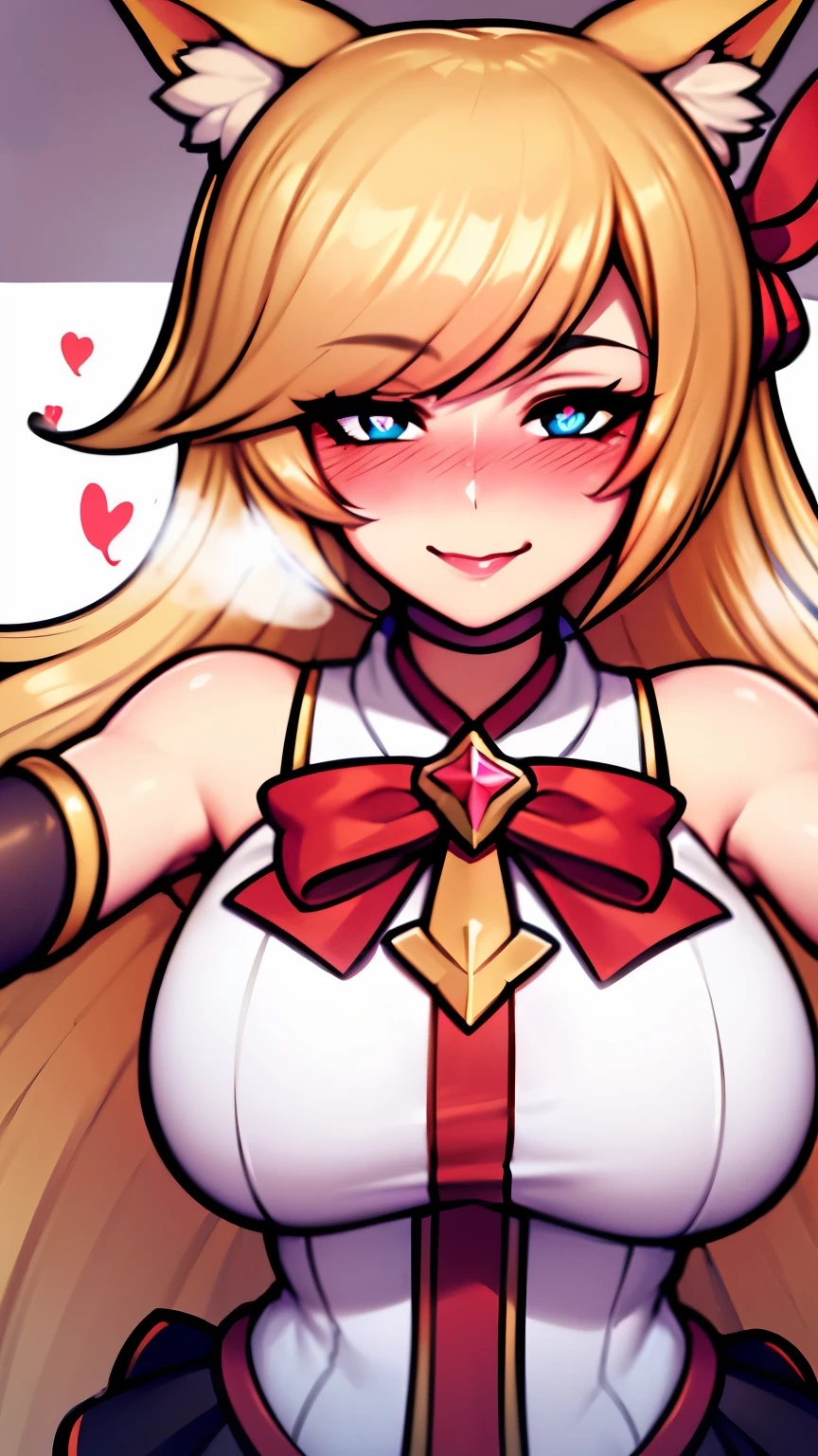 Celling background, Heart-shaped_pupils, starguardianahri, elbow gloves, hair ornament, (skirt:1.1), star guardian \(league of legends\, blonde hair, long hair, fox tail, slim body, blue eyes, upper body, 1girl solo, kabedon pov, smile, ((blush:1.2)), (licking her own lips:1.3), ((heavy breathing:1.2))