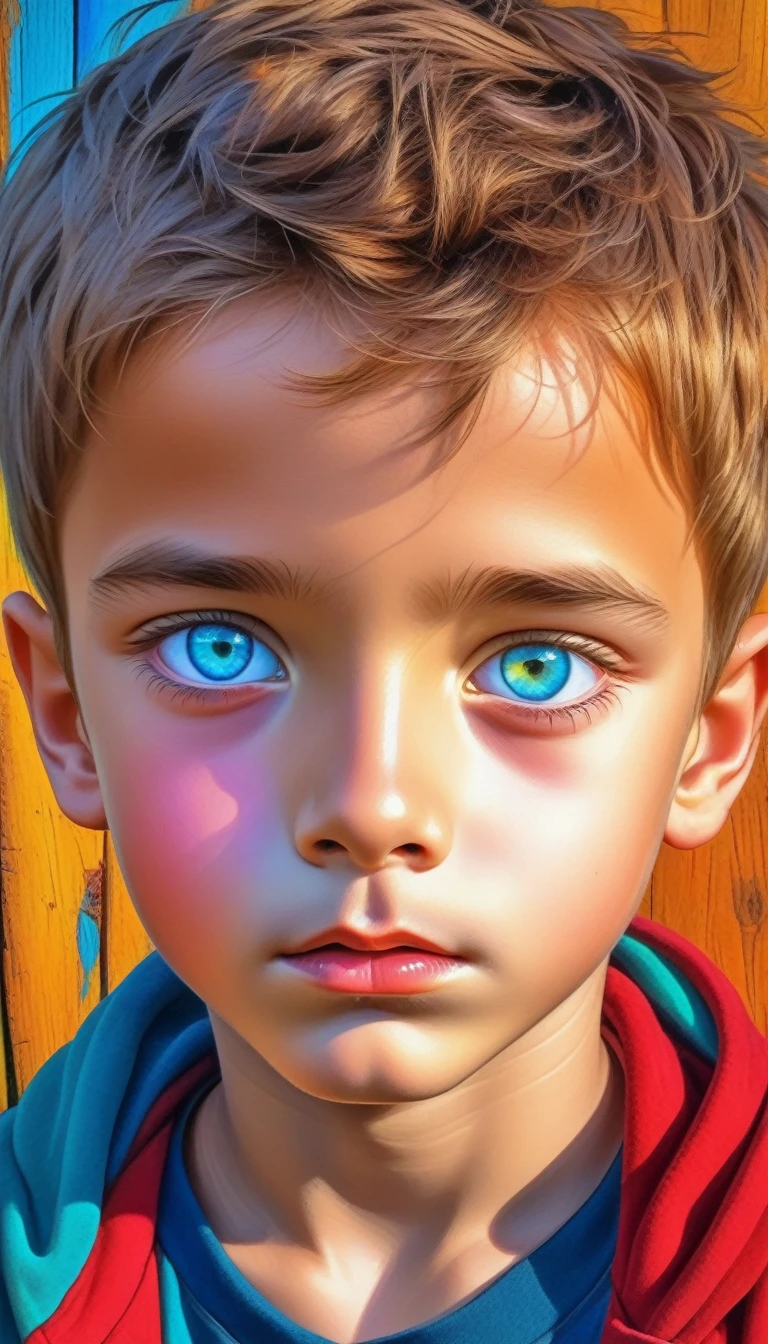 (digital art), (pop art), (phenomenal art), (gorgeous desinger+extreme quality:1.4), (HDR+), light painting, vibrant colors, masterpiece art, a boy with multicolored eyes, with different colors, both with vibrant colors, different, heterochromia, highlighted eyes, different colors, (Wlop's rustic art scene background:1.5)