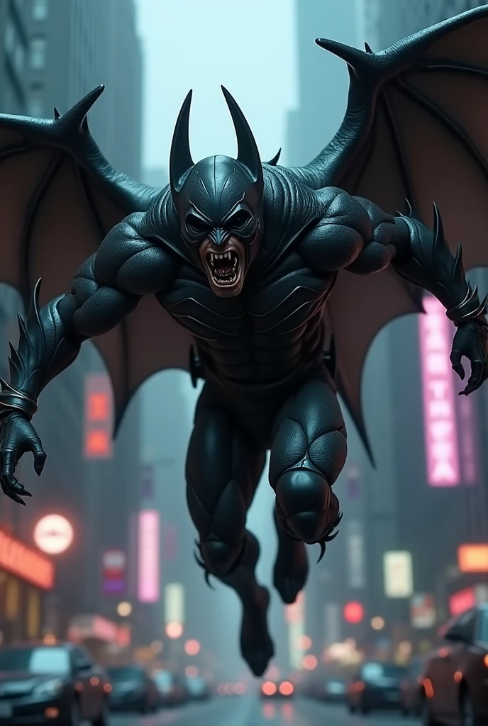 A muscular bat monster stands in the middle of the city holding a car and opening its mouth which has sharp teeth.