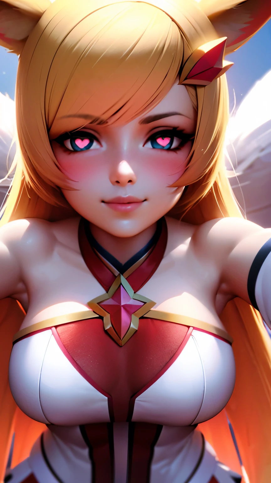 Celling background, 3D, Heart-shaped_pupils, starguardianahri, elbow gloves, hair ornament, (skirt:1.1), star guardian \(league of legends\, blonde hair, long hair, fox tail, slim body, blue eyes, medium breasts, upper body, 1girl solo, kabedon pov, smile, ((blush:1.2)), (licking her own lips:1.3), ((heavy breathing:1.2))