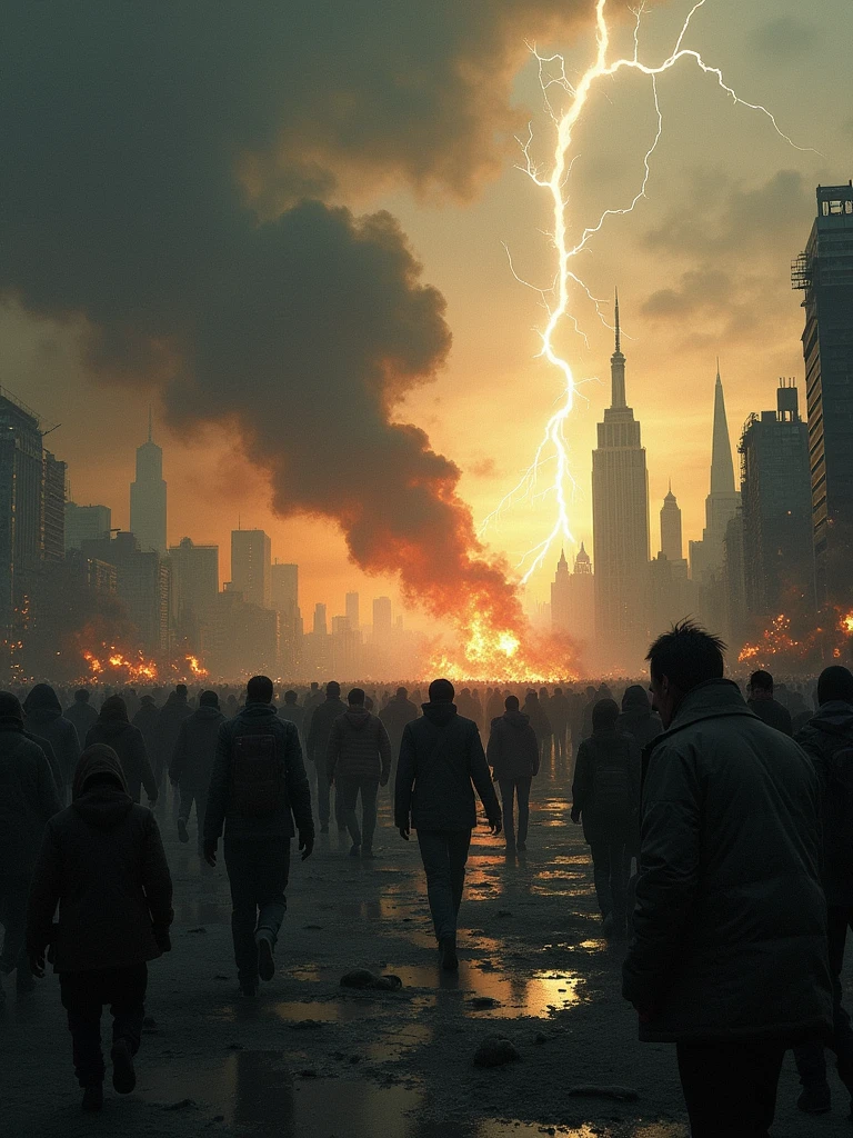 Create a picture of a long avenue where there is a huge crowd of people fighting each other, Masses of people in an apocalyptic environment, People revering the coming of Christ in a dark hazy sunset with many dark clouds in the sky and buildings in the background covered in smoke and fire.