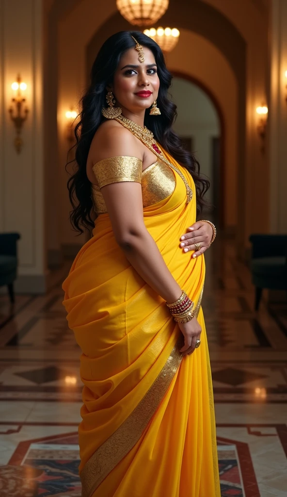 Golden Color saree , White Skin , Castle in background , realistic , HQ ,