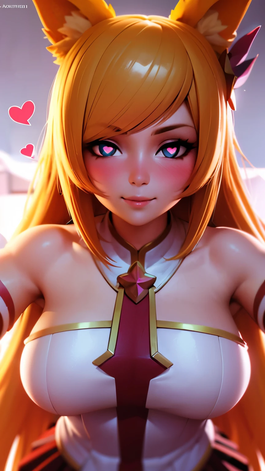 Celling background, 3D, anime, Heart-shaped_pupils, starguardianahri, elbow gloves, hair ornament, (skirt:1.1), star guardian \(league of legends\, blonde hair, long hair, fox tail, fox ears, slim body, blue eyes, medium breasts, upper body, 1girl solo, kabedon pov, smile, ((blush:1.2)), (licking her own lips:1.3), ((heavy breathing:1.2))