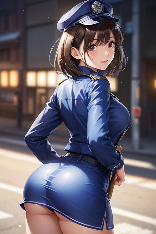 anegasaki nene、Shiny brown hair, Short Hair, (Beautiful brown eyes、Sparkling eyes, Fine grain)、smile、Ultra-detailed eyes、Highly detailed face, Highly detailed eyes,Cowboy Shot、



(masterpiece:1.2, Best Quality), (Realistic, photoRealistic:1.4),Beautiful illustrations,(Natural Side Lighting, Cinema Lighting),
1 female,Japanese,Mature Woman,Female police officer on patrol,Perfect Face, Symmetrical face, Shiny skin,
,(smile),
break((Police Officer Shirt)),((A tight mini skirt made from very thin fabric)),(Police hat),(The background is a street corner:1.5),(((Background Blur:1.5))),((Police uniform)),break(((From behind:1.5))),(((Stick your butt out:1.2)))