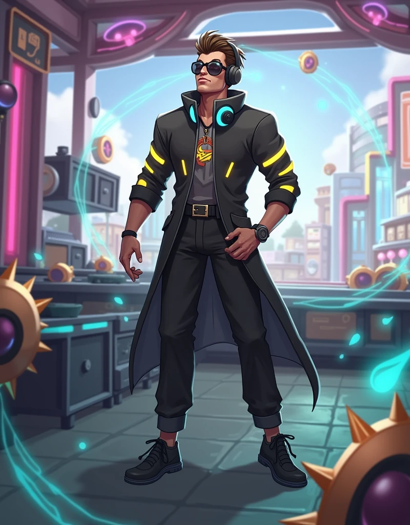 Androgen boy with long straight black hair, tanned skin, golden earrings, wearing "white shirt" and "dark military jacket", black pants, hot desert, electric rays, fantasy, high voltage
