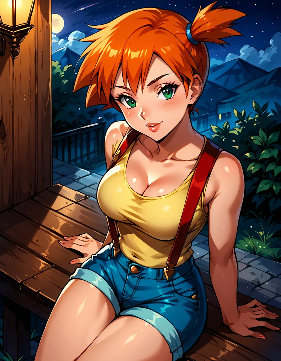 Dark Fantasy Art of score_9, score_8_up, score_7_up, rating_questionable, fantasy, lighting, epiCPhoto BREAK 1girl, mature woman, very sexy (Misty_Pokemon), (short hair, orange hair, one side up hair, green eyes, medium breasts, skinny), BREAK cleavage, (yellow t-shirt, tight sleeveless t-shirt, red suspenders:1.3), blue shorts, red sneakers, BREAK solo, cute, flirt, gaze, sexy look, half-closed eyes, head tilt, filled lips, thick lips, makeup, BREAK face portrait, modelling shoot, sexy pose, sitting, knees bent, fantasy rooftop setting, BREAK dark, moody, dark fantasy style, (night, moonless night:1.2), high angle.