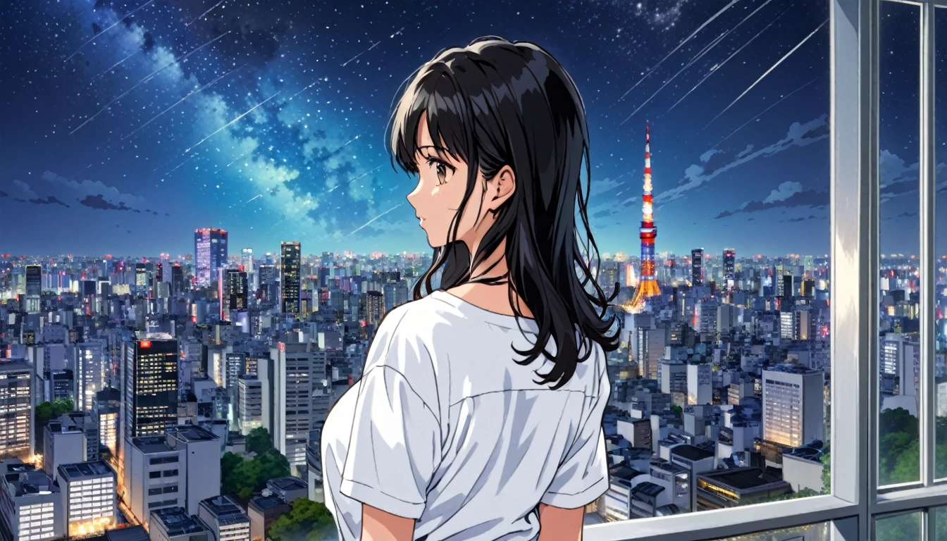 A black-haired woman looking out over the city of Tokyo,Night starry sky,Streetscape、listen to music、Japanese　Black Hair　Cleavage Skyscraper City　Wear a white Y-shirt　clear