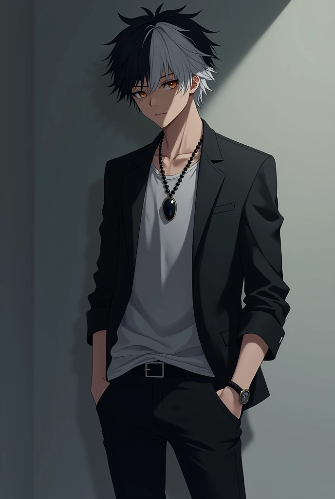 cool, white & black hair, black Jacket, O shaped glasses