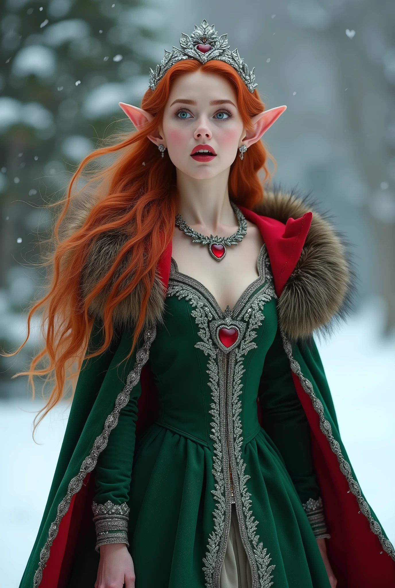 In this snowy holiday scene, we see the gorgeous elvin princess, Faerail. The princess has flowing red hair and is wearing a small silver holly-patterned tiara with a heart shaped red gem set in the center. She is wearing an alluring forest green and red holiday ball gown trimmed with a silver holly pattern. She wears a braided silver cord around her waist to accentuate her nubile, hourglass figure and on her feet we see a matching pair of green boots. She is also wearing a beautiful silver necklace with a Red gem set in the center and matching earrings in her delicate pointed ears. Over her gown, she wears a forest green, fur-lined cloak with a red lining. She is the picture of beauty and perfection as she sings to an unseen audience as the snow falls around her. perfect body, perfect hands, gold eyes, c-cup breasts, beautiful, seductive, 8K, Fujifilm, ultrarealistic, action