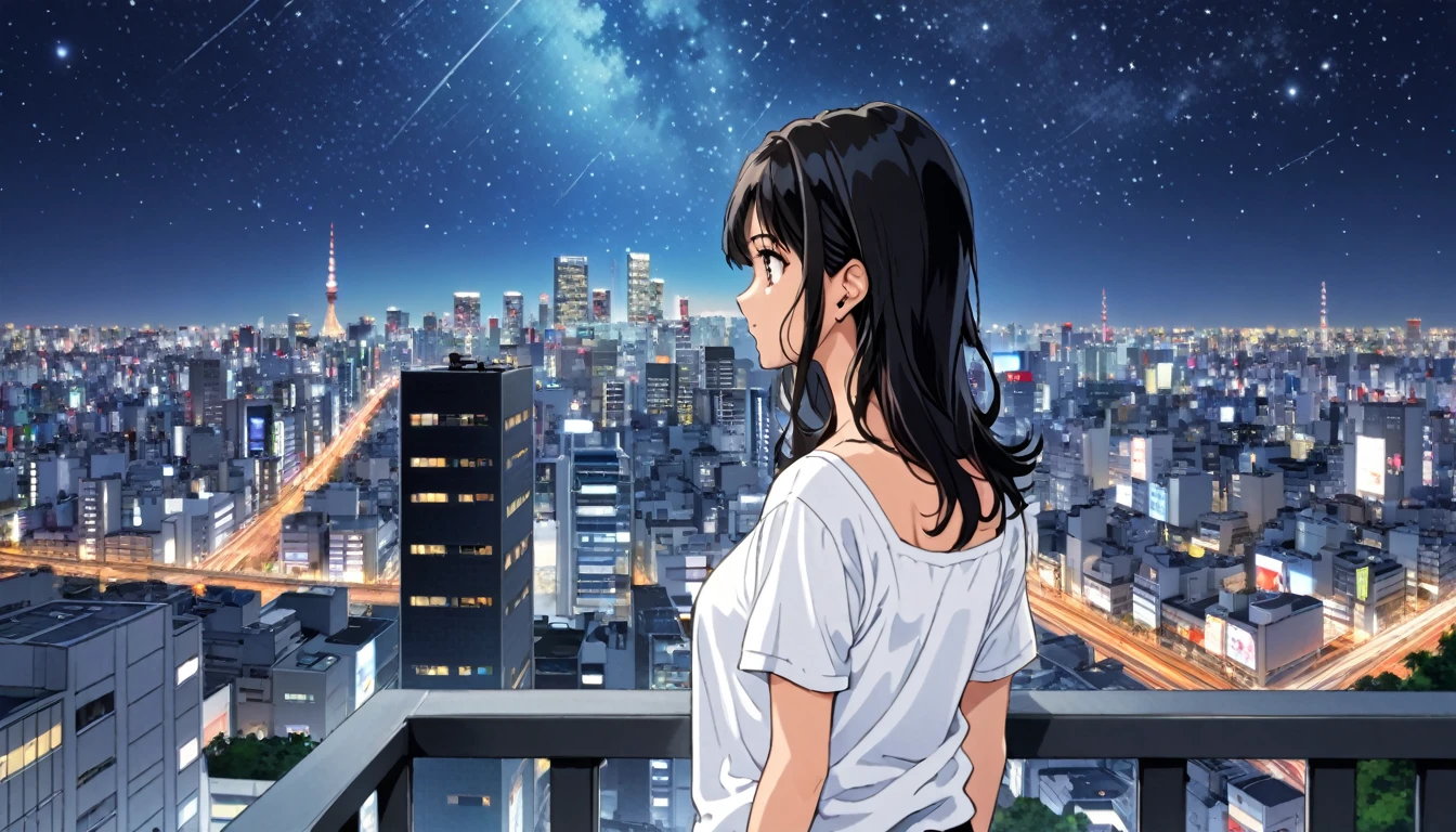 A black-haired woman looking out over the city of Tokyo,Night starry sky,Streetscape、listen to music、Japanese　Black Hair　Cleavage Skyscraper City　Wear a white Y-shirt　clear