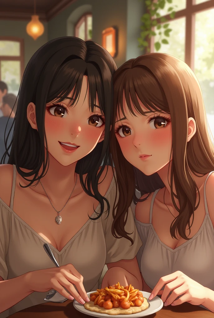 tareme,(short wavy hair:1.1),photorealistic anime art style,black hair,(2women),mature women at dining room,look at viewer,conservative fashion,(mature face),(orgasm),plump body,heart pupils,sweaty,(blushed and smile),(mole under eye),eyeliner,(pubic hair),face focts,