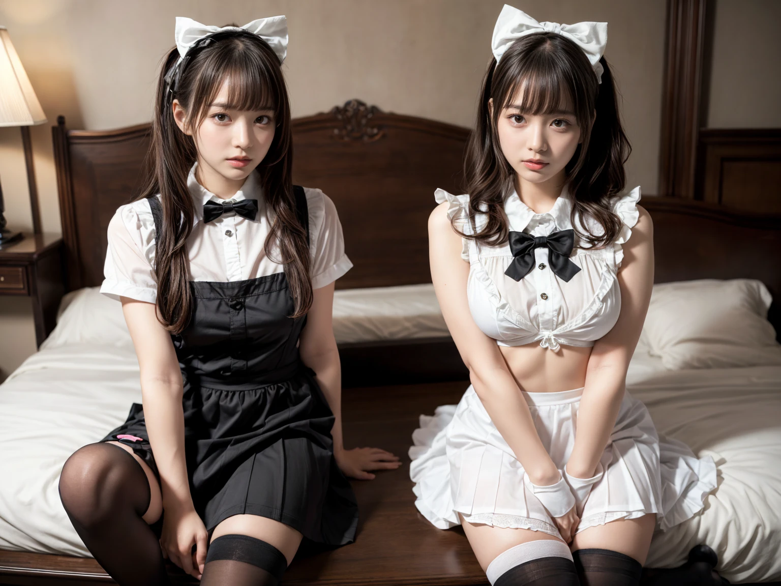 (8K, Raw photography, top-quality, masterpiece:1.2), master piece, best quality, illustration, Super detailed, fine details, High resolution, 8K,wall paper, perfect dynamic composition,(Details High quality, realistic depiction of eyes:1.3), ((2 girls, 2 girls)), The background is a luxury hotel room、(bow ribbon, Maid, knee high socks:1.3), Play with each other,Touching each other's bodies,Touching the body of the girl next door, short bob hair, black hair color, huge breasts, Big Natural Color Lip, bold sexy pose, (perfect body shape), crying a little、cold gaze, Beautiful makeup,glitter makeup,Cutest 18 years old, beautiful legs, hposing Gravure Idol, Voluptuous thighs
