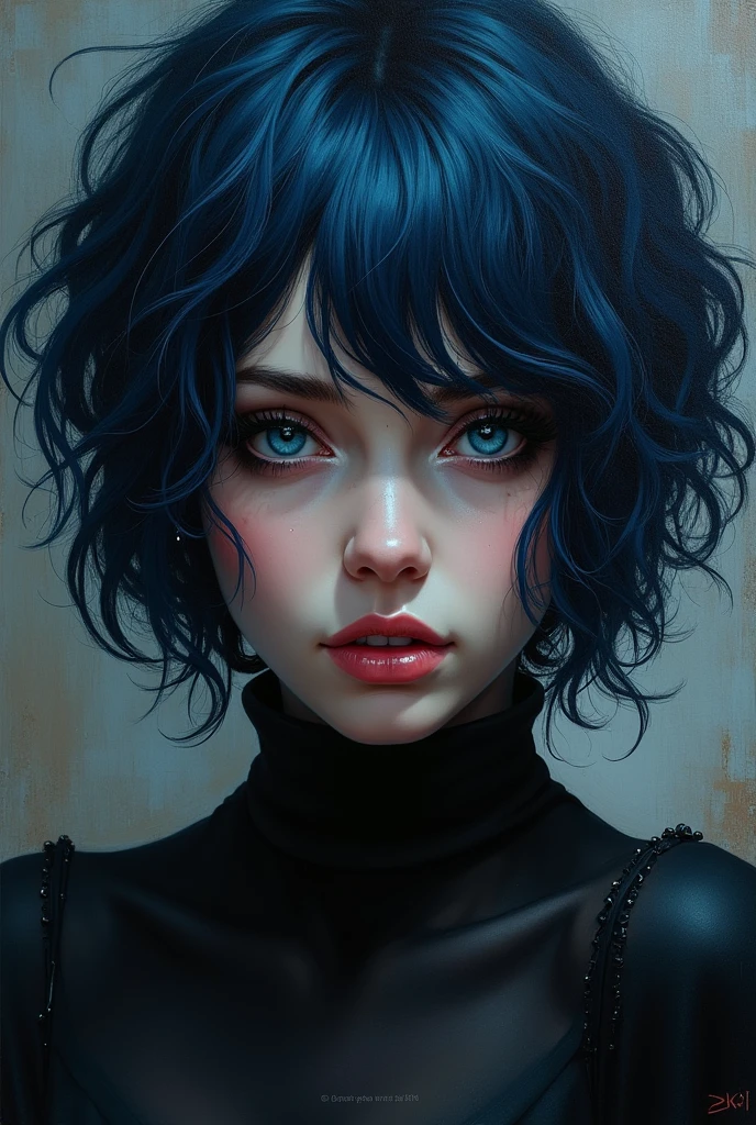 A detailed portrait of a woman with dark blue hair..., beautiful ...