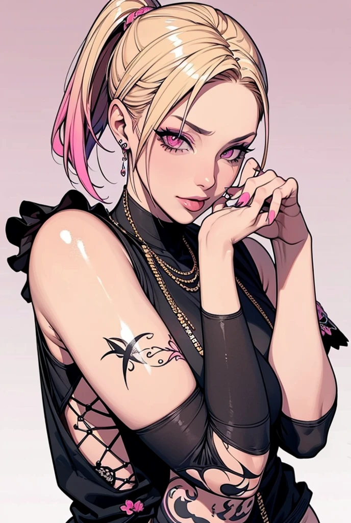 1 woman, cyperpunk style, pink eyes, alternative hairstyle hair, blonde hair, tattoos on arms, expression: Sticking out tongue, painted nails, ropa cyperpunk, high resolution, looking at the viewer, jeweler&#39;s, black clothes 