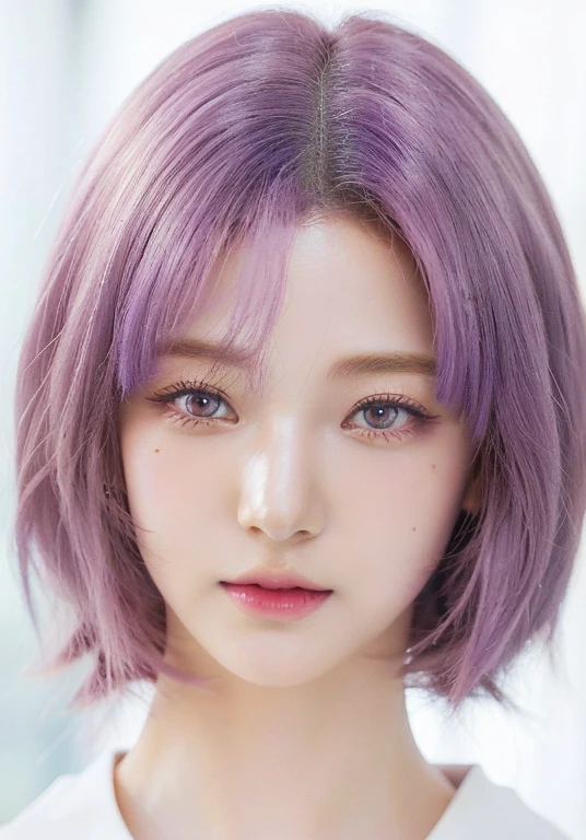 A close-up of a woman with purple hair and a white shirt and purple eyes., realistic kawaii portrait, Anime style 3D realista, realistic 3d anime, hyperrealistic anime, photorealistic anime girl render, photorealistic anime, Realistic young anime girl, lavender eyes, Anime style. 8k, realistic anime art style, purple skin color, realistic Anime style at pixiv