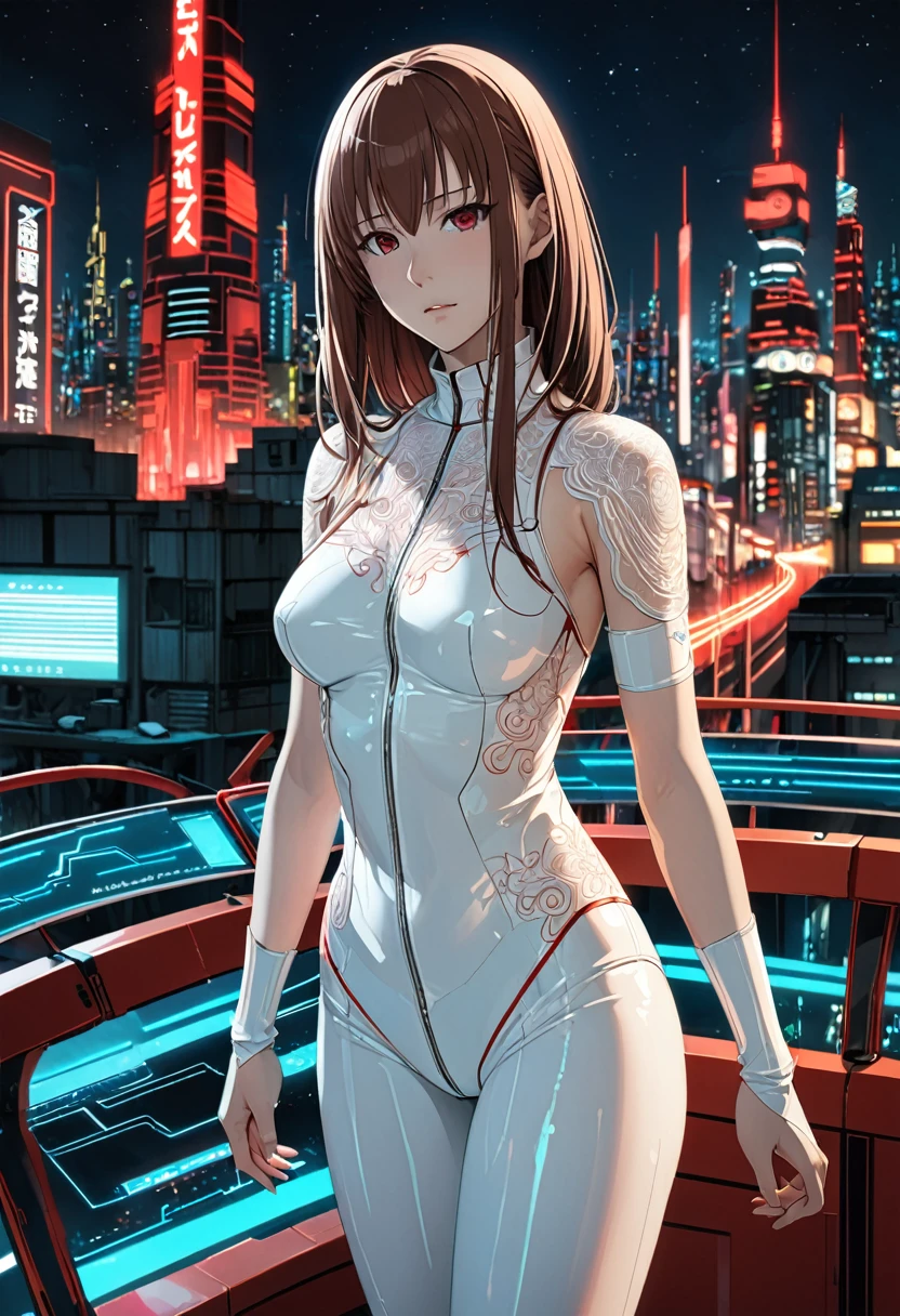 Very skinny Kei from The Dirty Pair, emaciated, wearing a tight bright yellow outfit, skinny frame, skinny legs, medium breast, red hair beauty, cyberpunk city background, holding retro space-gun, headband, slim waist, very slim thighs, very skinny thighs, very thin thighs, very slender thighs, lanky, thigh gap, thigh gap,