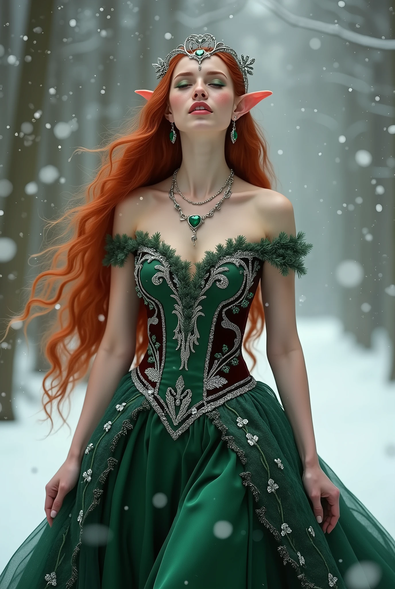 In this snowy holiday scene, we see the gorgeous elvin princess, Aurail. The princess has flowing red hair and is wearing a small silver holly-patterned tiara with a heart shaped green gem set in the center. She is wearing an alluring forest green and red holiday ball gown trimmed with a silver holly pattern. She wears a braided silver cord around her waist to accentuate her nubile, hourglass figure and on her feet we see a matching pair of green boots. She is also wearing a beautiful silver necklace with a green gem set in the center and matching earrings in her small, delicate pointed ears. She is the picture of beauty and perfection as she sings to an unseen audience as the snow falls around her. perfect body, perfect hands, gold eyes, c-cup breasts, beautiful, seductive, 8K, Fujifilm, ultrarealistic, action