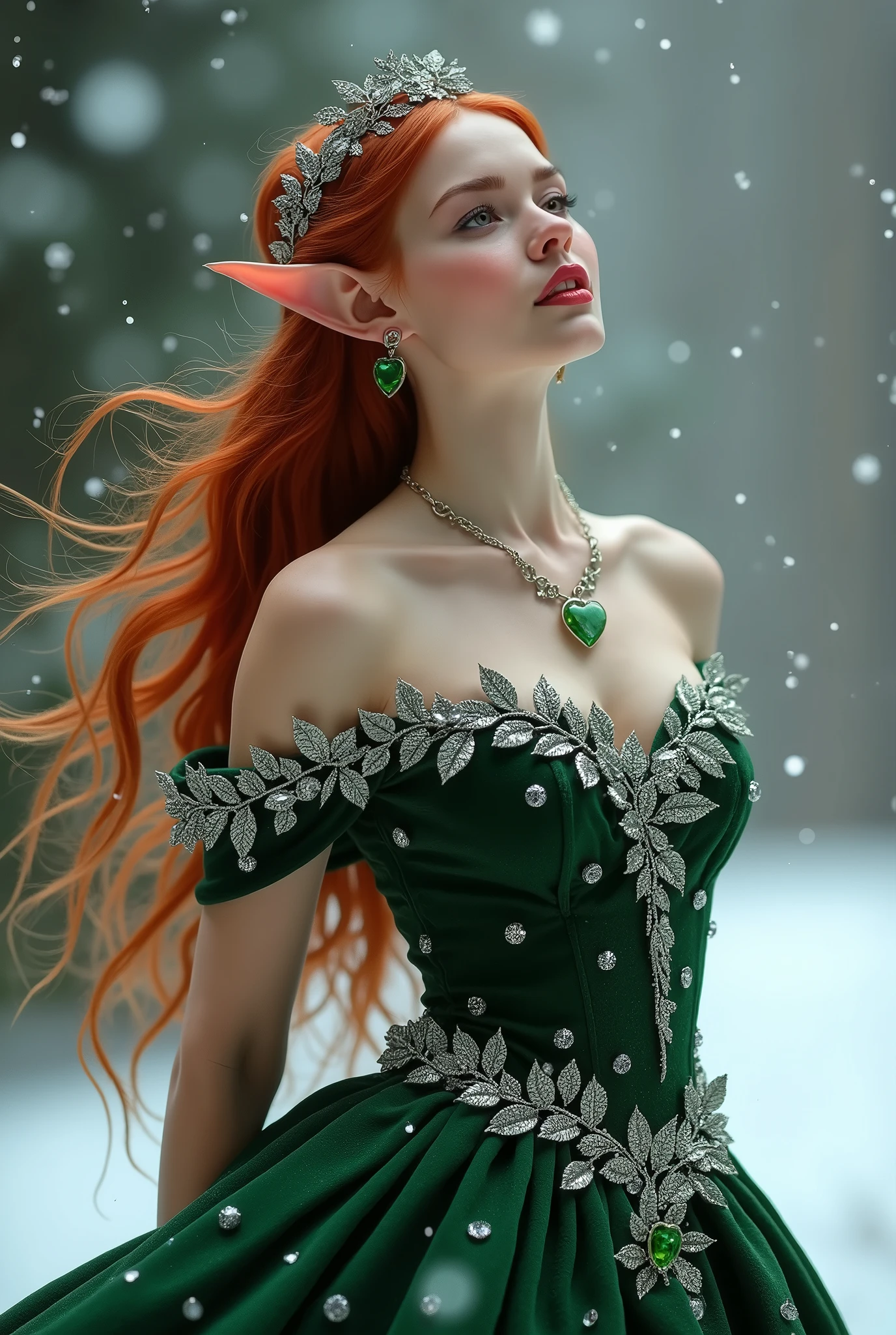 In this snowy holiday scene, we see the gorgeous elvin princess, Aurail. The princess has flowing red hair and is wearing a small silver holly-patterned tiara with a heart shaped green gem set in the center. She is wearing an alluring forest green and red holiday ball gown trimmed with a silver holly pattern. She wears a braided silver cord around her waist to accentuate her nubile, hourglass figure and on her feet we see a matching pair of green boots. She is also wearing a beautiful silver necklace with a green gem set in the center and matching earrings in her small, delicate pointed ears. She is the picture of beauty and perfection as she sings to an unseen audience as the snow falls around her. perfect body, perfect hands, gold eyes, c-cup breasts, beautiful, seductive, 8K, Fujifilm, ultrarealistic, action