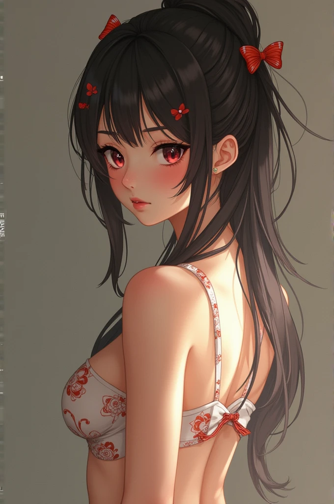 tmasterpiece, Best quality at best, A high resolution, amira, long whitr hair, Pin the bangs at the back of the head, Top knot, forehead, Collar, Bare shoulders, Chopping, red mini short , exercise well,the bow, Sleeveless, cow boy shot, Permanent, Outdoor activities, Riman, ssmile, the shy, A blushing smile,Show butt