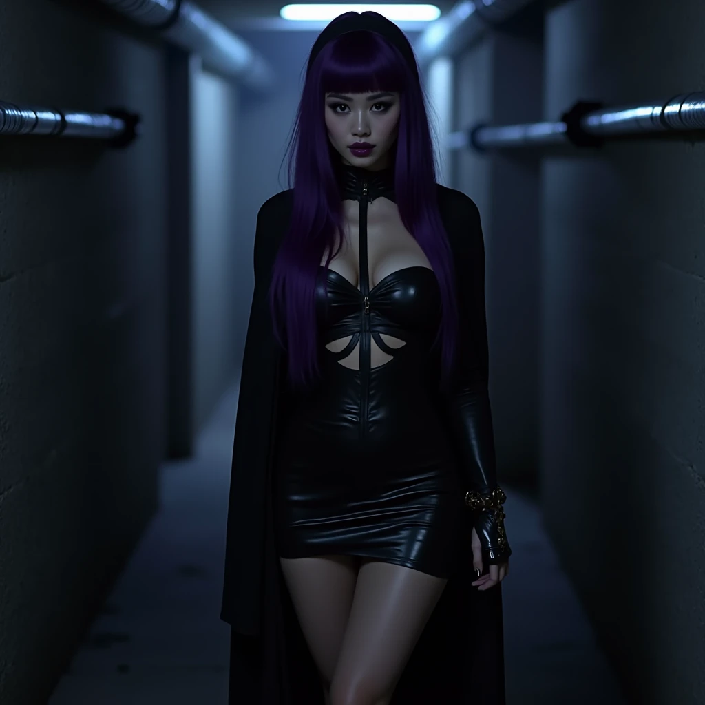 Woman wearing Gothic clothes on a modern street at night, The street is dimly lit and the woman is holding a knife