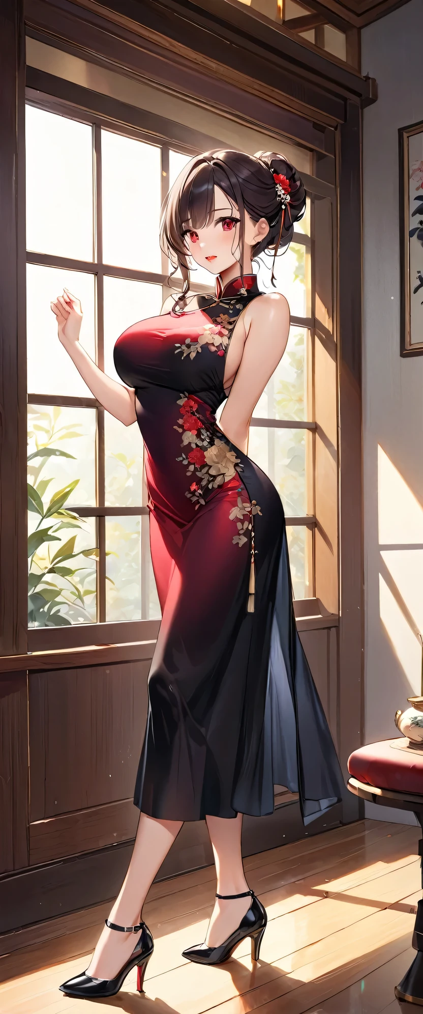 High resolution, Adult female , Good lighting, manly, , (No nudity), (((China dress))), (()), ((())), (garter belt), Abdominal area only, (),  ,  Cute Face, I&#39;blush with embarrassment, Humiliating, ((Recall)), ((See through))()(String)(There are many things attached to the body.,)