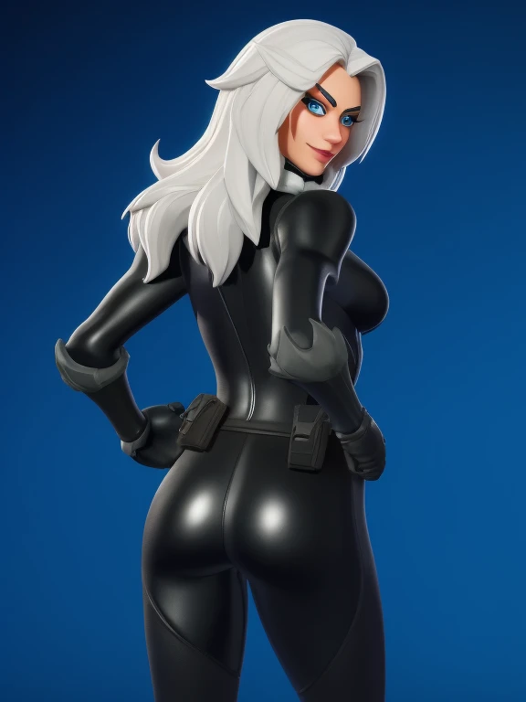 (masterpiece, best quality:1.2), 1girl, solo, Black_Cat_(Fortnite), blackcat, Black Cat, Fortnite, female BREAK long white hair, white hair, blue irises, blue eyes, domino mask, bodysuit, black bodysuit, gloves, choker, white gloves, collar, fur trim, skin tight, zipper, utility belt, cleavage superhero, hourglass figure, medium breasts BREAK Shot taken from behind, looking at viewer, looking from behind, ass view BREAK Arrogant smile, smirking, hands on hips
