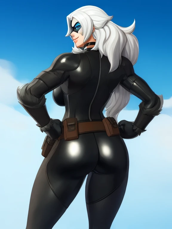 (masterpiece, best quality:1.2), 1girl, solo, Black_Cat_(Fortnite), blackcat, Black Cat, Fortnite, female BREAK long white hair, white hair, blue irises, blue eyes, domino mask, bodysuit, black bodysuit, gloves, choker, white gloves, collar, fur trim, skin tight, zipper, utility belt, cleavage superhero, hourglass figure, medium breasts BREAK Shot taken from behind, looking at viewer, looking from behind, ass view BREAK Arrogant smile, smirking, hands on hips
